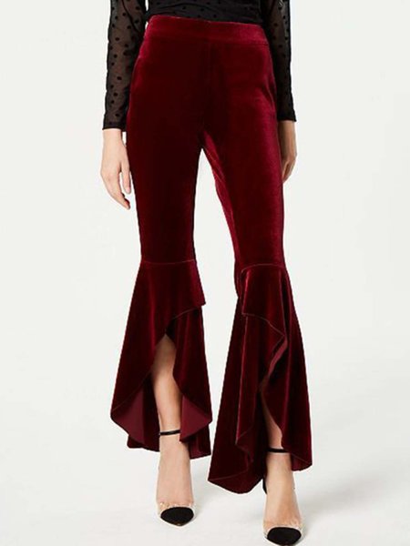 

Regular Fit Elegant Solid Pants, Wine red, Flared Pants