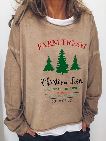 

Fun Christmas print round neck long-sleeved sweatshirt, Light brown, Hoodies&Sweatshirts
