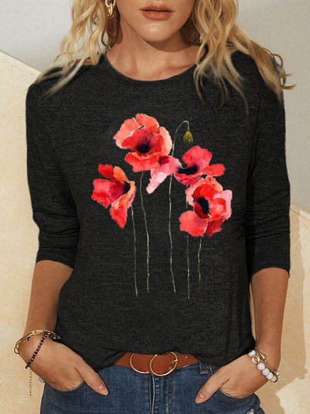 

Floral Crew Neck Shirts & Tops, Black, T-Shirts
