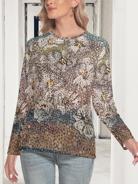 

Floral Casual Cotton Blends Loosen Floral Shirts & Tops, Multicolor, Long sleeve tops