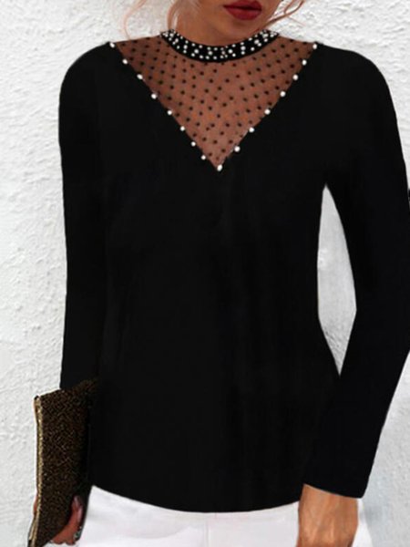 

Crew Neck Slim Fit Plain Shirts & Tops, Black, Long sleeve tops