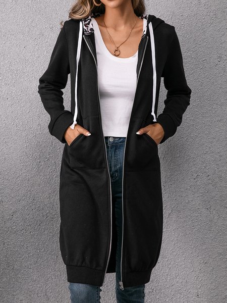 

Black Casual Leopard Print Mid-length Loosen Hooded Outerwear, Jackets