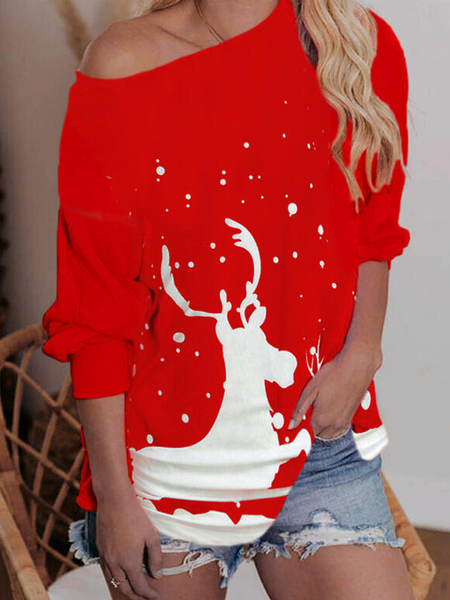 

Christmas Print Reindeer Round Neck Long Sleeves Sweatshirt, Red, Sweatshirts & Hoodies