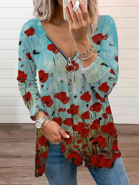 

taglia grande Papavero Stampato Casuale Top, Blu, T-shirts