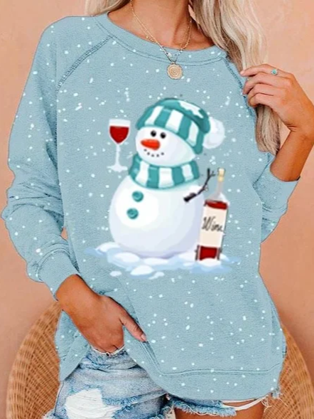

Crew Neck Cotton Blends Christmas Snowman Sweatshirt, Blue, Sweatshirts & Hoodies