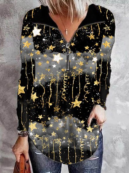 

Cartoon Vintage V Neck Loosen Shirts & Tops, Black, Long sleeve tops