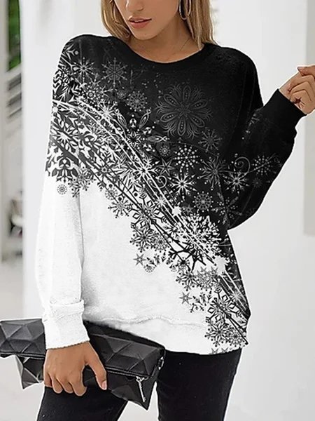 

Floral Casual Crew Neck Loosen Sweatshirt, Black-white, Sweatshirts & Hoodies