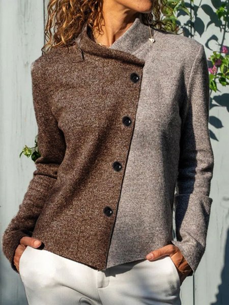 

Fashion Color-block Single-breasted Long-sleeved Casual Shirts & Tops, Camel, Long sleeve tops
