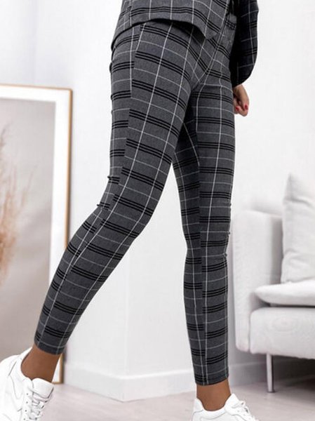 

Elastic Waist Vintage Grid Printed Skinny Long Pants, Gray, Leggings