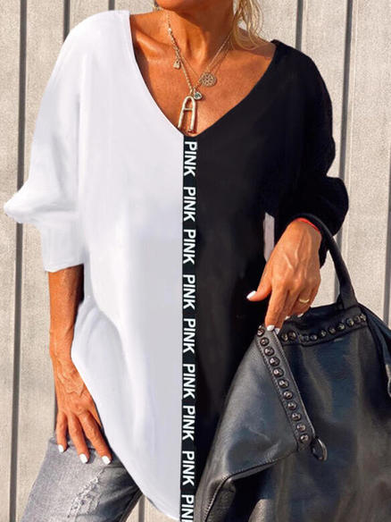 

Casual Letter Loosen Shirts & Tops, Black-white, Long sleeve tops