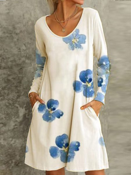 

Elegante Girocollo Floreale Abito, Blu bianco, Mini Dresses