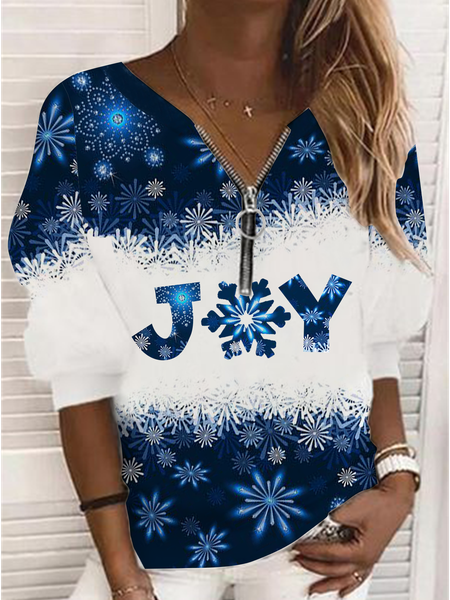 

Long sleeve geometric gradient snowflake letter print loose V-neck zipper Vintage casual daily top T-shirt women, Blue, Long sleeve tops