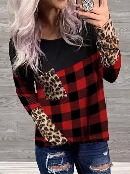 

Checked Print Color Block Holiday Casual T-Shirts & Tops, Black-red, Long sleeve tops