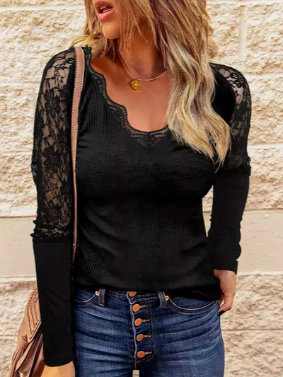 

Lace Cotton Blends Regular Fit V Neck Shirts & Tops, Black, Long sleeve tops