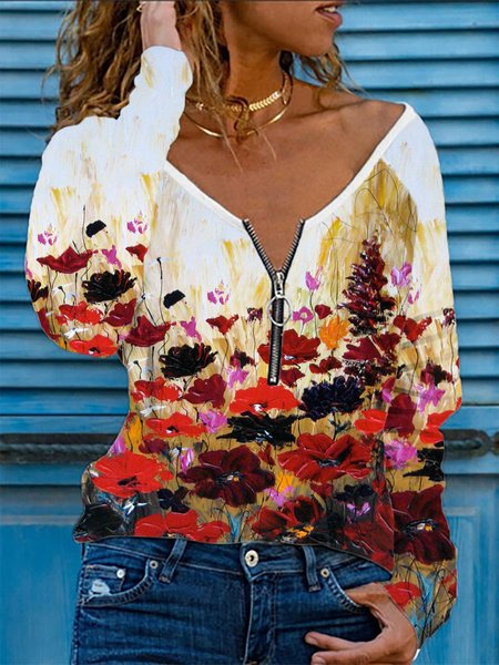 

Loosen Cotton Blends Floral Shirts & Tops, Multicolor, Tops