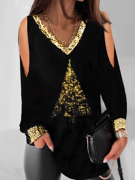 

V Neck Casual Printed Shirts & Tops, Black, Long sleeve tops