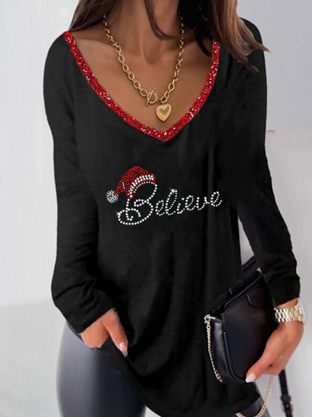 

Christmas Loosen V Neck Shirts & Tops, Black, Long sleeve tops