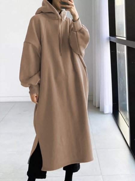 

Casual Daily Solid Long Sleeve Hooded Sweatshirt, Khaki, Coats