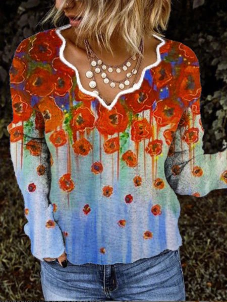 

V Neck Casual Cotton Shirts & Tops, Multicolor, Tops