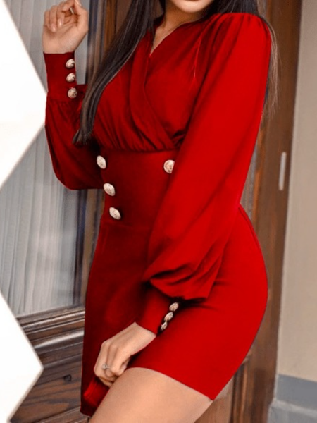 

Winter Elegant V Neck Long sleeve Date Evening Party Dresses, Red, Mini Dresses