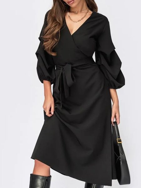 

Elegant Solid V neck Regular Fit Dress, Black, Midi Dresses
