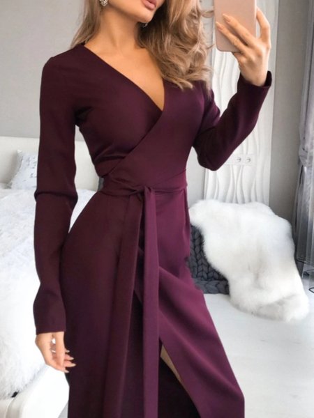 

Work Date Regular Fit V Neck Vintage Dress, Burgundy, Midi Dresses