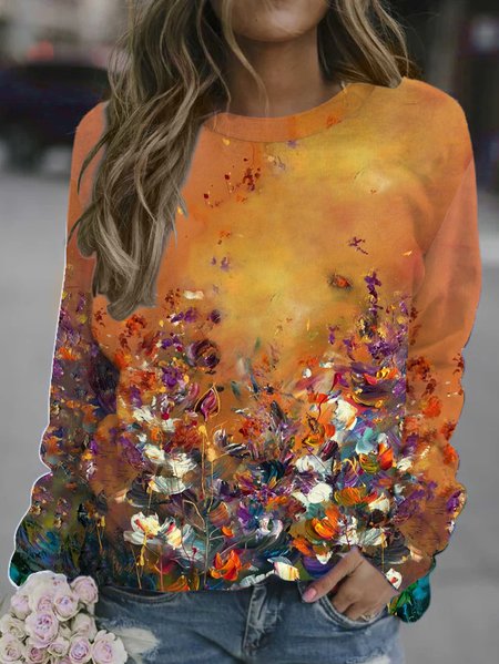 

Floral gradient print round neck long-sleeved sweatshirt, As picture, Hoodies&Sweatshirts