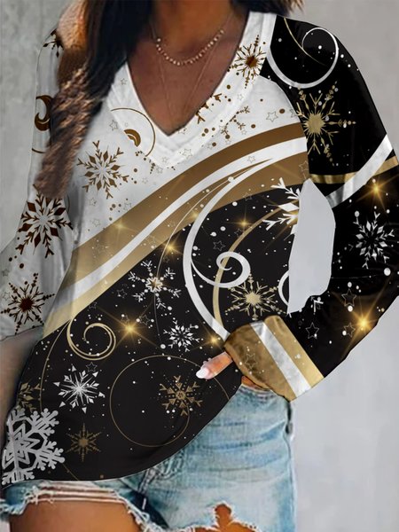 

Color-block Shining Snow Printed Long Sleeves V Neck Plus Size Casual Tops, Multicolor, T-Shirts