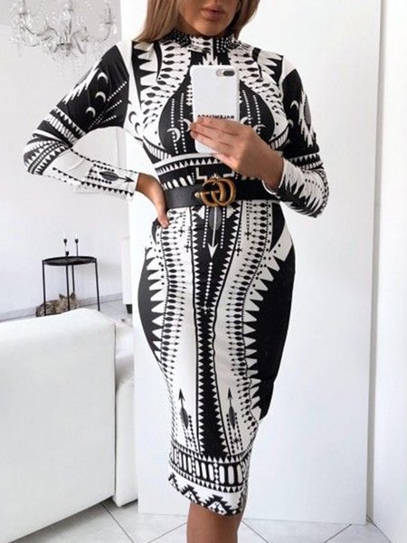 

Vintage Skinny Long Sleeve Midi Dress, Black-white, Midi Dresses