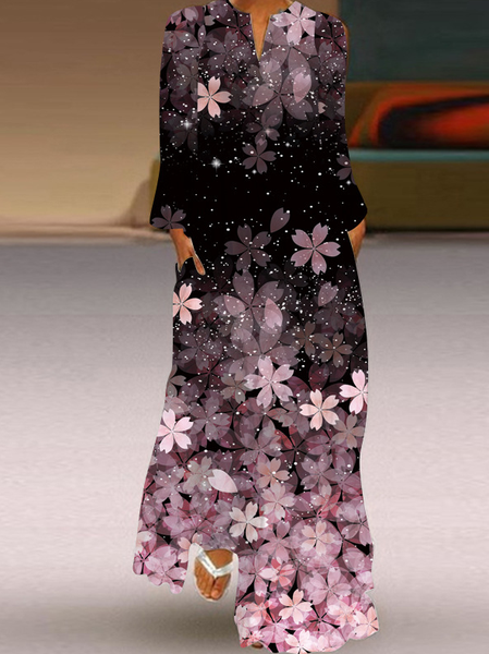 

Floral Print Elegant Loosen Long Sleeve Maxi Dresses, Black, Maxi Dresses