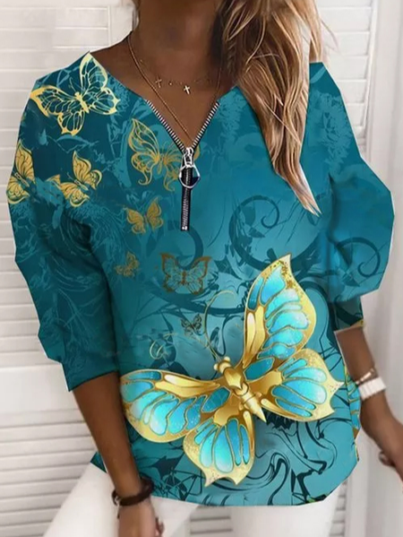 

V Neck Cotton Blends Butterfly Sweatshirt, Lake blue, Sweatshirts & Hoodies