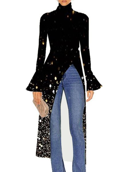 

Simple Regular Fit Vintage High Neck Top, Black, Tops