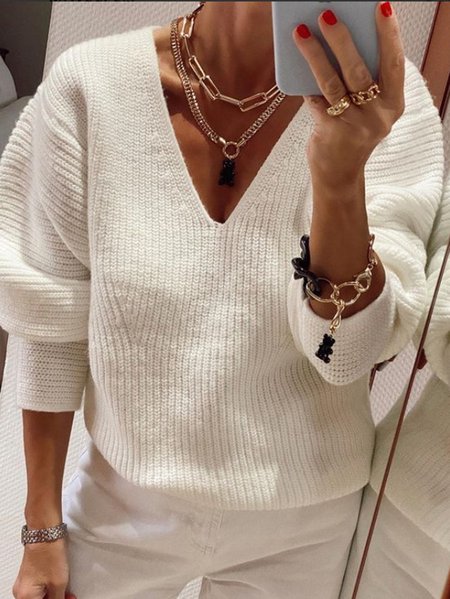 

Wool/Knitting Casual V Neck Sweater, White, Sweaters