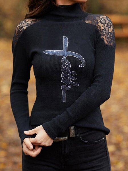 

Vintage Round Neck Loosen Shirts & Tops, Black, Tops