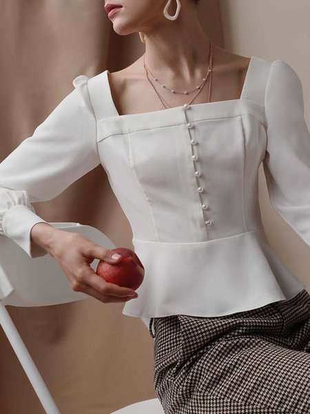 

Square neck Elegant Solid Long sleeve Shirt, White, Blouses and Shirts