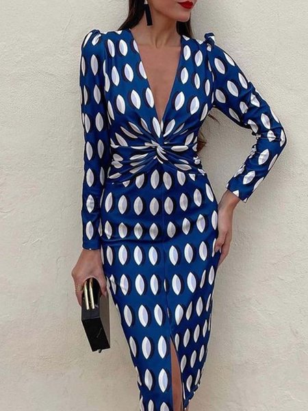 

Regular Fit V Neck Elegant Dress, Blue, Midi Dresses