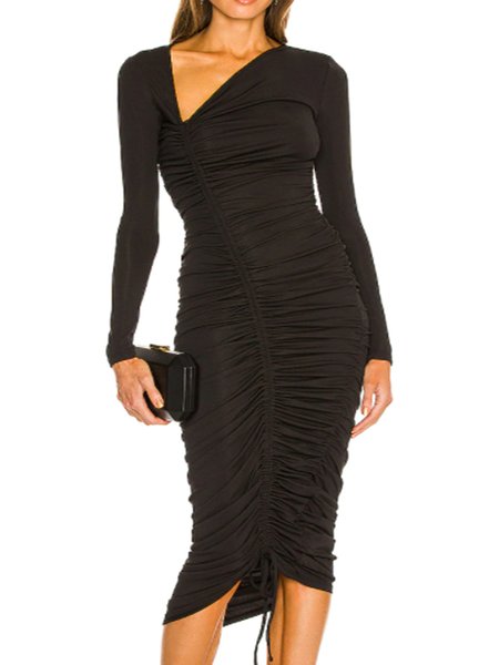 

Asymmetrical Neck Drawcord Solid Elegant Dresses, Black, Midi Dresses