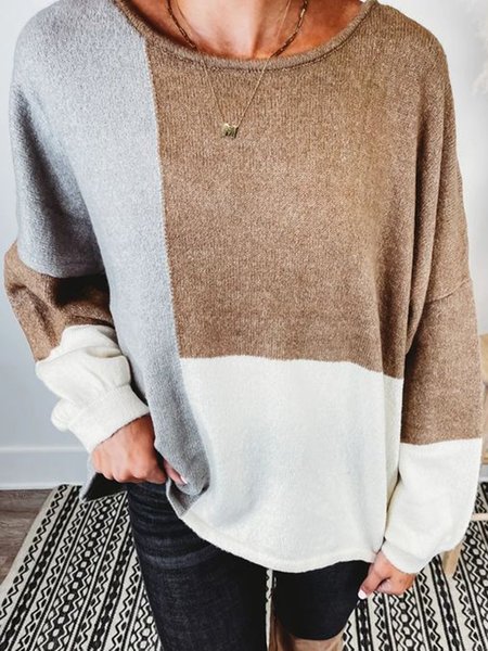 

Wool/Knitting Geometric Color Block Sweater, Khaki, Sweaters