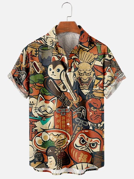 

Mens Japanese Cat Print Casual Breathable Chest Pocket Short Sleeve Hawaiian Shirts, Red, Men's Floral shirt