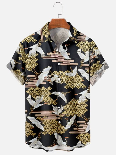 

Mens Japanese Crane Print Casual Breathable Chest Pocket Short Sleeve Hawaiian Shirts, Black, Men's Floral shirt