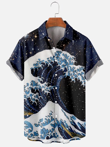 

Mens Japanese Ukiyoe Wave Print Casual Breathable Chest Pocket Short Sleeve Hawaiian Shirts, Deep blue, Shirts ＆ Blouse