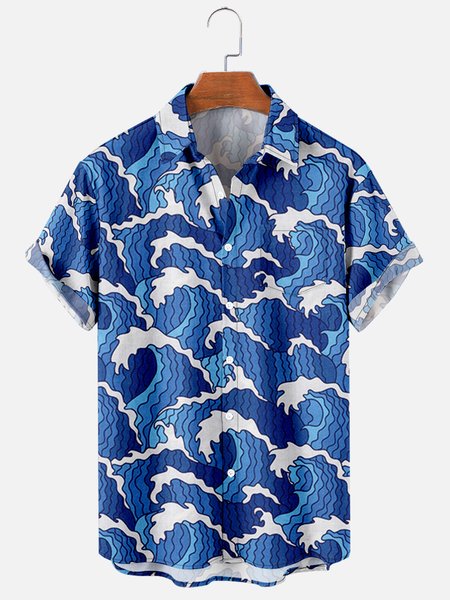 

Mens Japanese Ukiyoe Wave Print Casual Breathable Chest Pocket Short Sleeve Hawaiian Shirts, Blue, Men's Floral shirt