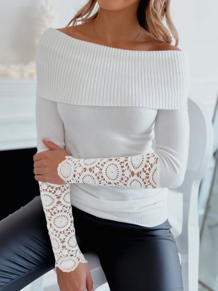 

Wool/Knitting Off The Shoulder Sweater, White, Sweaters