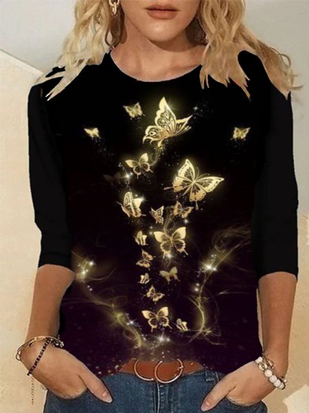 

Casual Long Sleeve Crew Neck Printed Top, Black, Tops