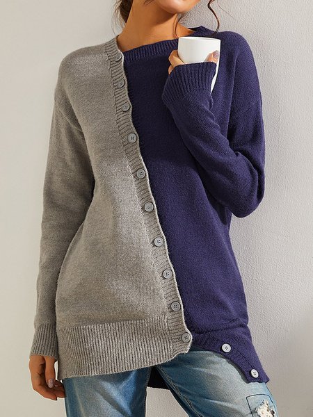

Color Block Asymmetrical Neck Long Sleeve Vacation Casual Sweater, Grey-blue, Sweaters & Cardigans