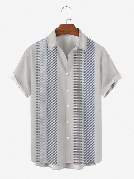 

Mens Striped Print Round Hem Loose Short Sleeve Shirts, Gray, Men's Floral shirt