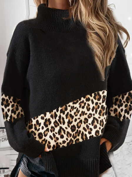 

Fashion Leaopard Print Color Block Turtle Neck Sweater Women, Black, Sweaters & Cardigans
