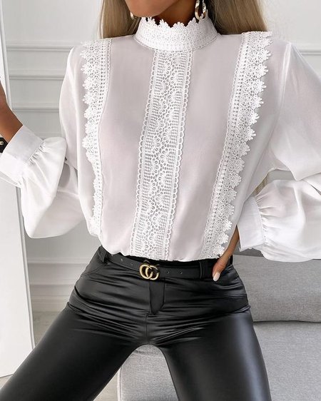 

Elegant Long Sleeve Formal Lace Top, White, Blouses and Shirts