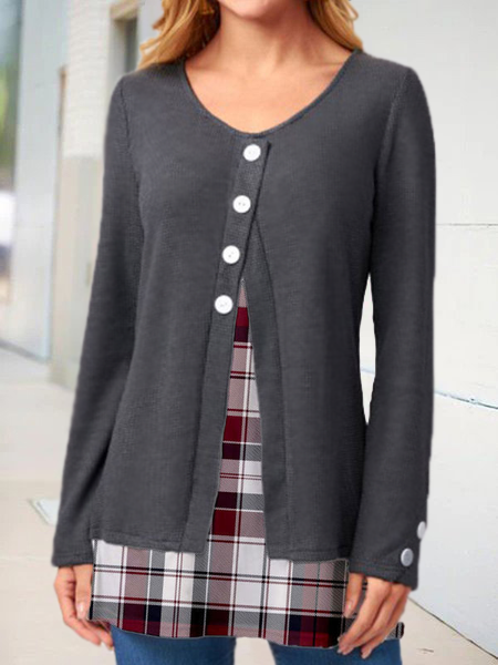 

Regular Fit Checked/Plaid Scoop Neckline Shirts & Tops, Gray, Long sleeve tops