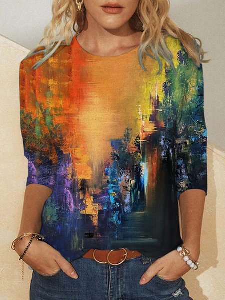 

Abstract gradient print round neck long sleeve shirt, As picture, Hoodies&Sweatshirts